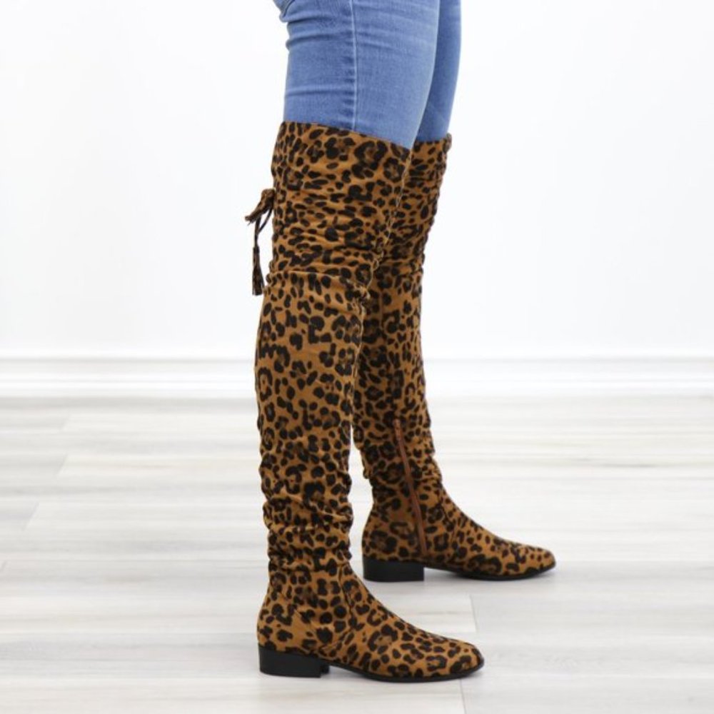 Leopard Suede Thigh High Flat Boot Lace Up Back - Picture 12 of 14